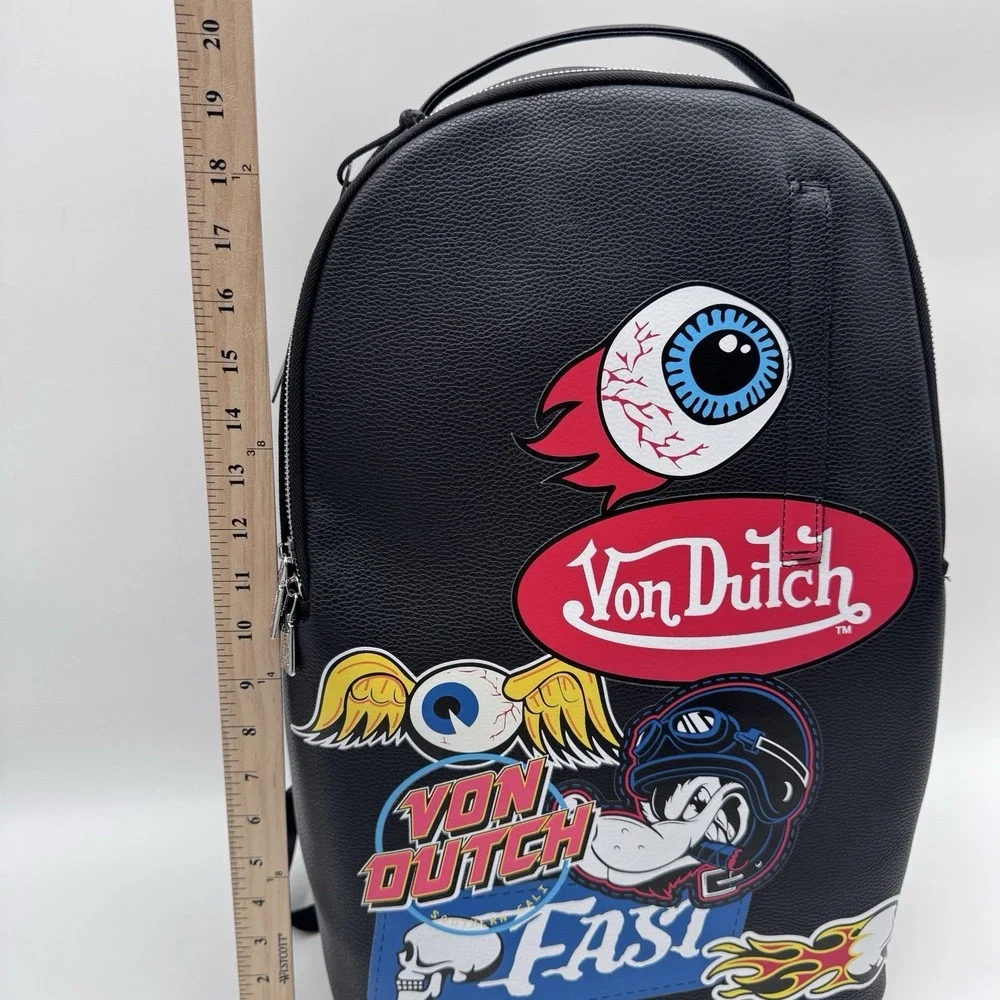 Von Dutch Sticker Logo Backpack Black Faux Leather Y2K VDBP-013 New With Tags